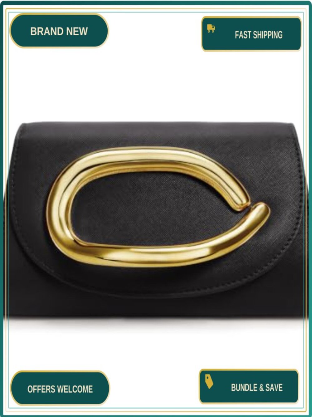 Vegan Leather Evening Clutch Purse with 3D Gold Acrylic Handle